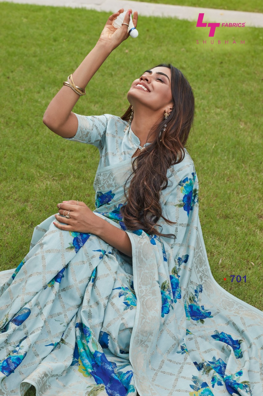 L.T Fashion Shubham beautiful flower printed linen silk casual wear Saree