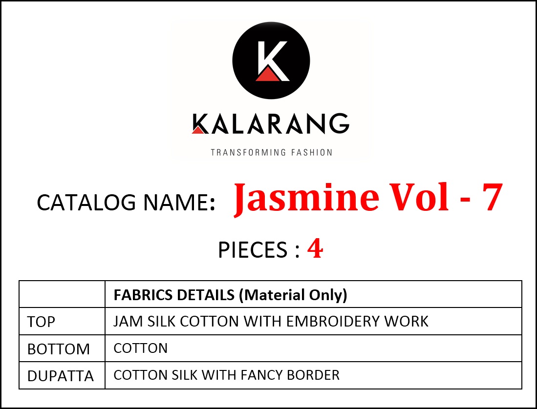 Kalarang Jasmine vol-7 attractive look beautiful Salwar suits