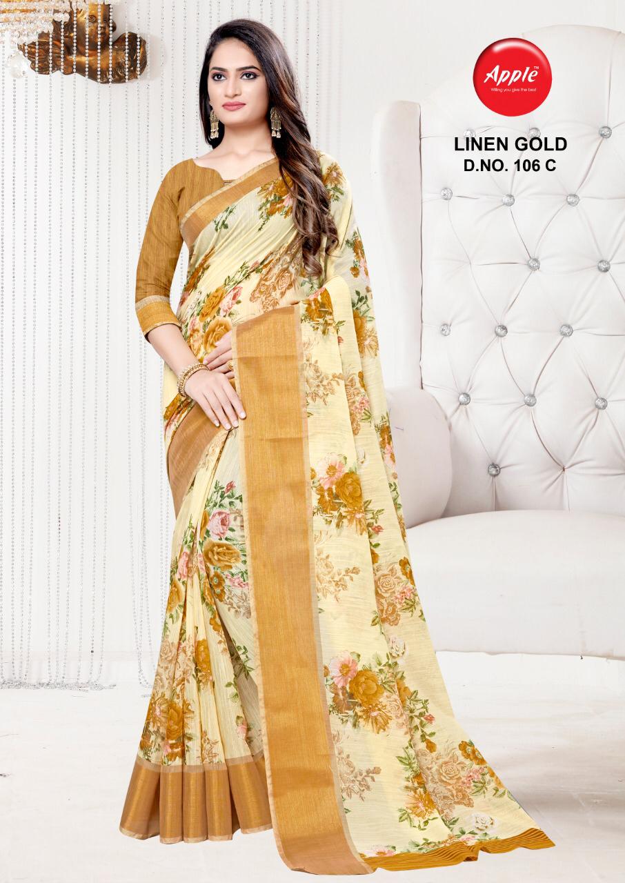 Apple linen gold stunning look beautifully designed Sarees