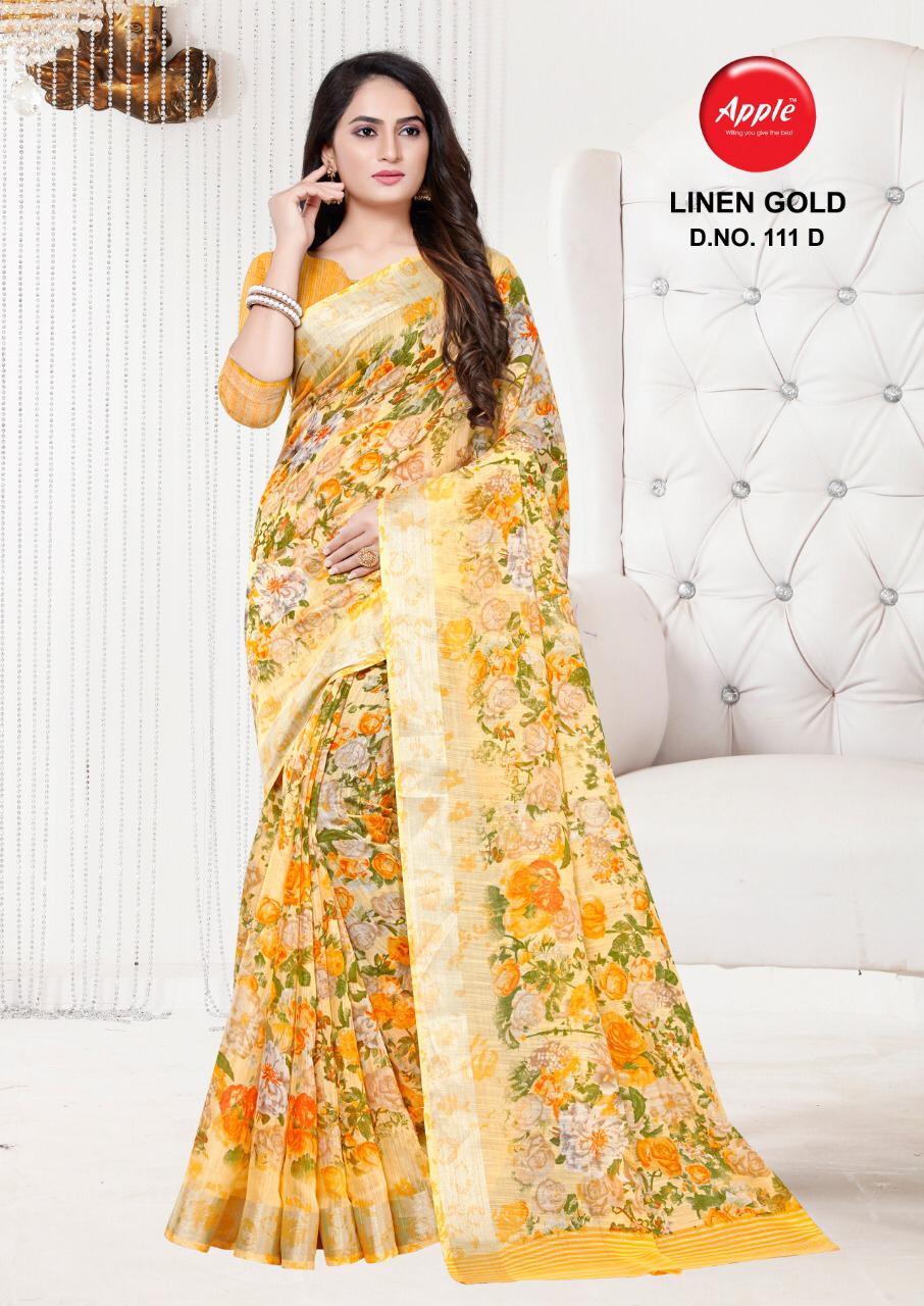 Apple linen gold stunning look beautifully designed Sarees