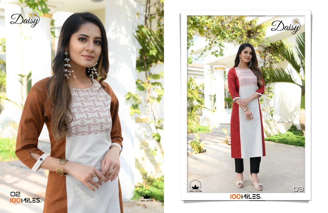 100 miles Daisy elagant and stylish look fancy cotton Embroidered modern Kurties