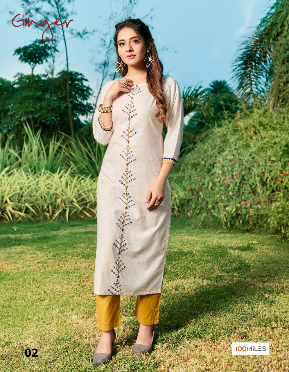 100 miles ginger a modern and Stylish classy catchy look cotton flex Embroided Kurties