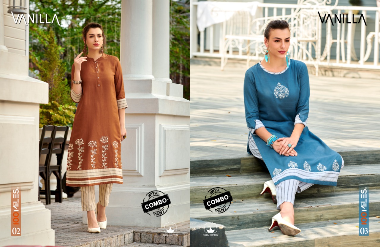 100 miles vanilla modern and trendy cotton Embroidered Kurties with patterned bottom