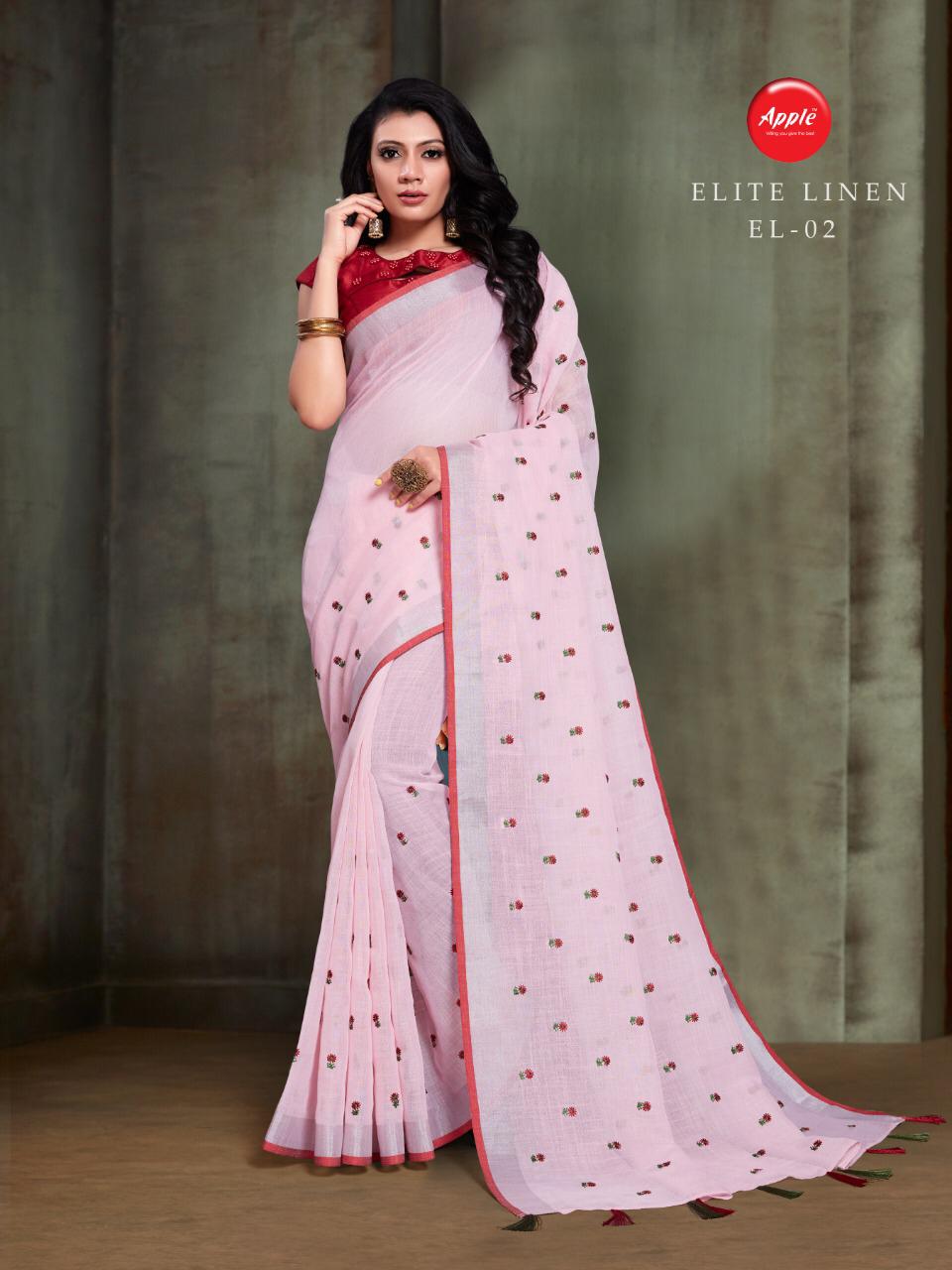 Apple elite linen astonishing style linen silk embroidery sarees with free size blouses