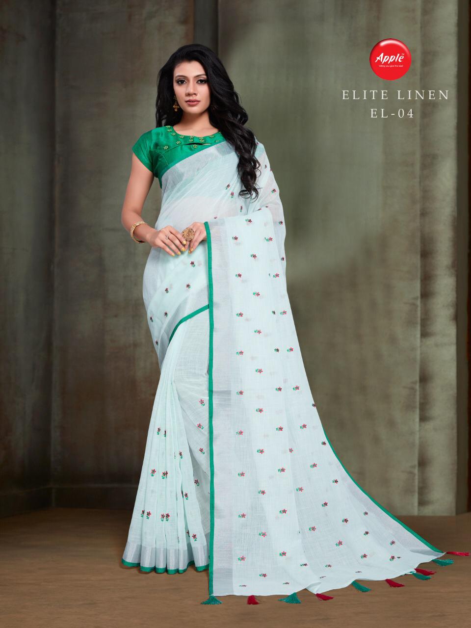Apple elite linen astonishing style linen silk embroidery sarees with free size blouses