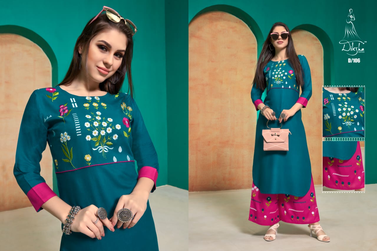 Diksha fashion netra vol 1 rayon fabric with Embroidered Kurties with plazzo