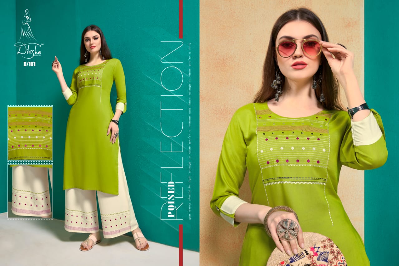 Diksha fashion netra vol 1 rayon fabric with Embroidered Kurties with plazzo