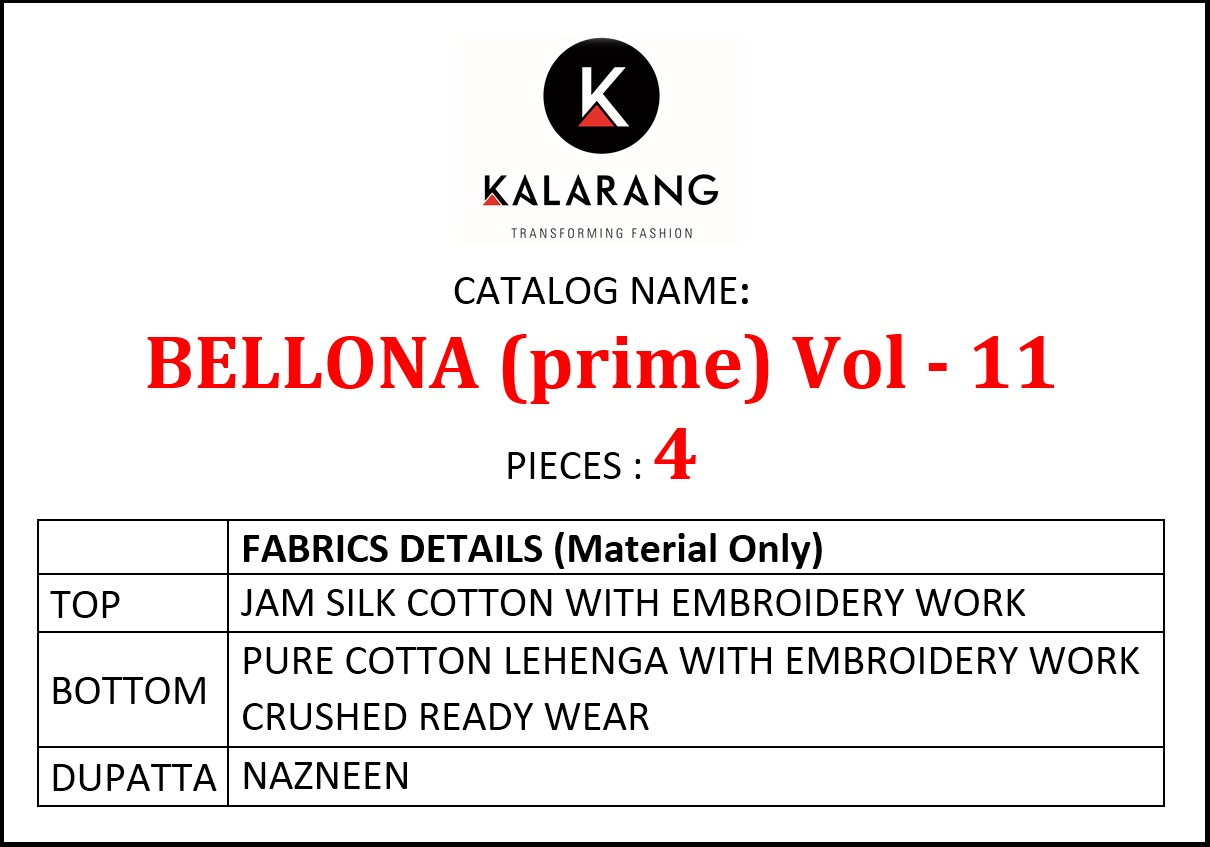 Kalarang Bellona prime vol 11 elagant and attractive modern style jam Silk cotton with Embroidered Salwar suits