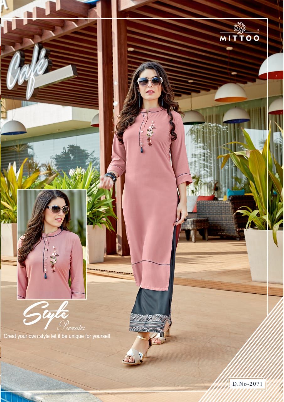Mittoo panghat vol 11 elagant and attractive modern rayon with EMBROIDERY work  Kurties