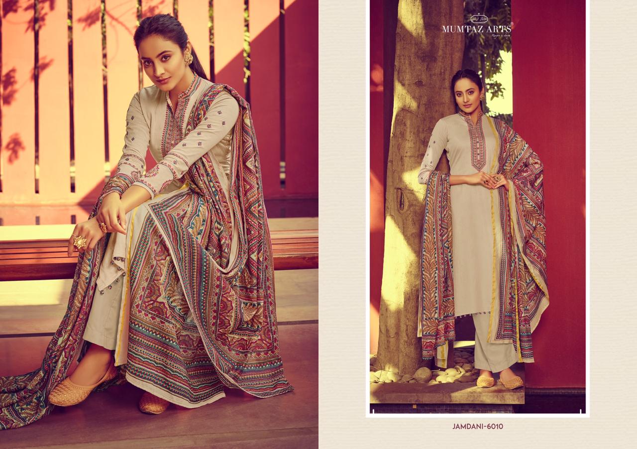 Mumtaz arts Jamdani astonishing style jam Satin digital print with gold Border Karachi Salwar suits