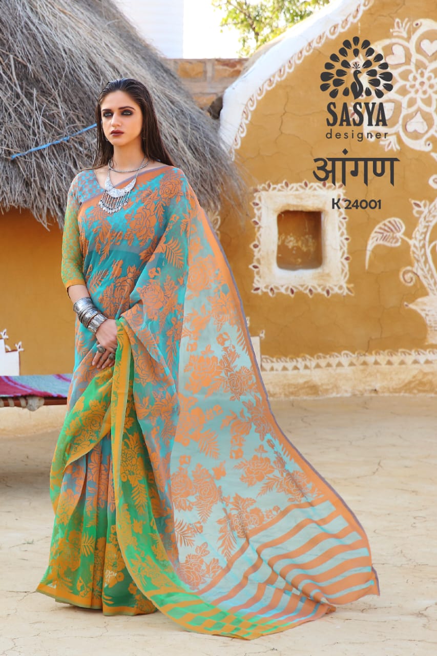Sasya Designer Aangan elagant stunning look beautifully designed Sarees