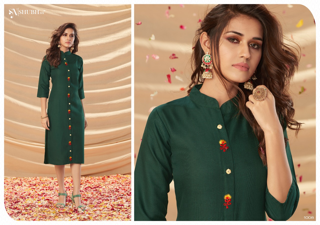 Shubh Nx amyra a new and modern look attractive and stunning look Ruby slub Embroided Kurties