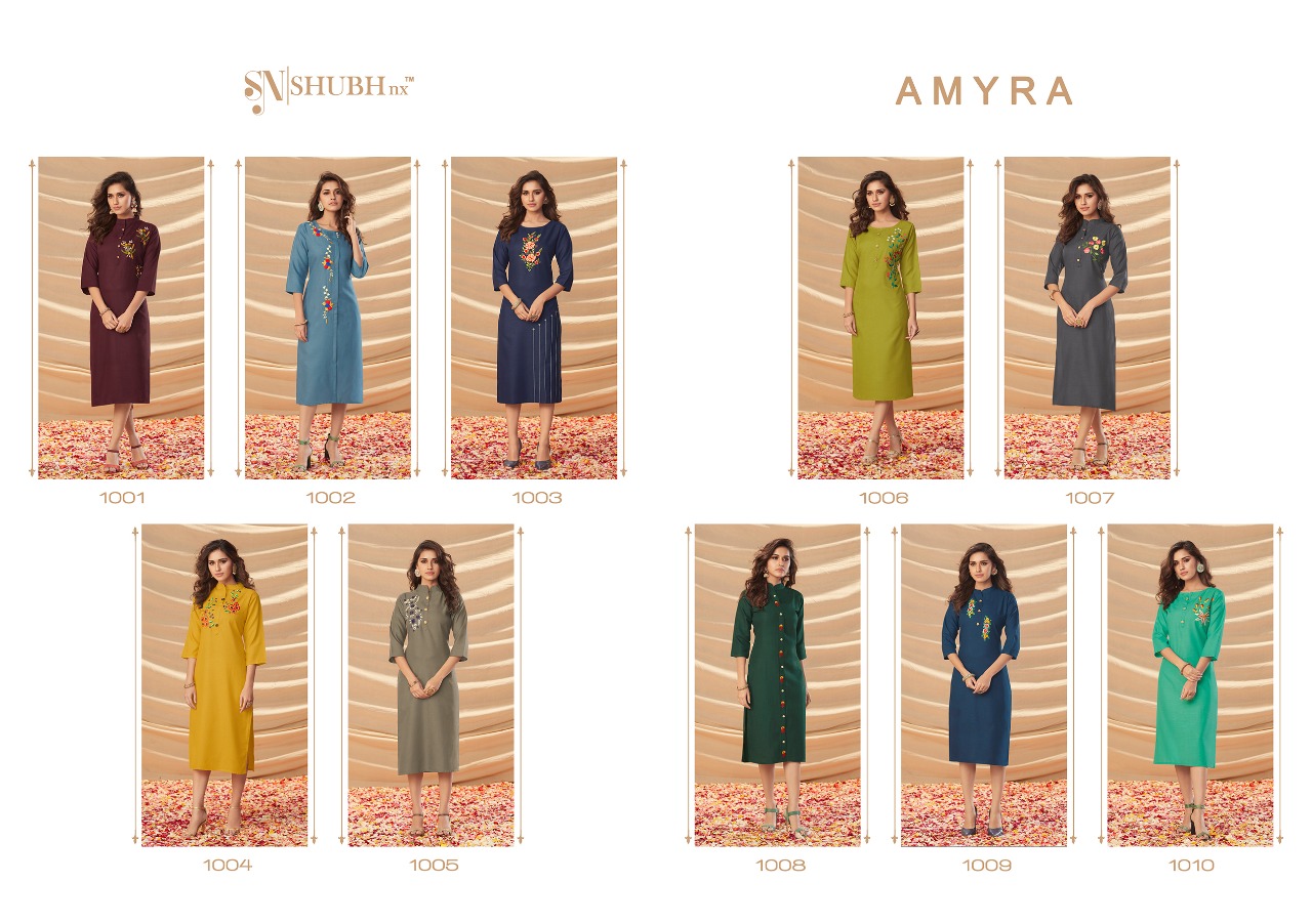 Shubh Nx amyra a new and modern look attractive and stunning look Ruby slub Embroided Kurties