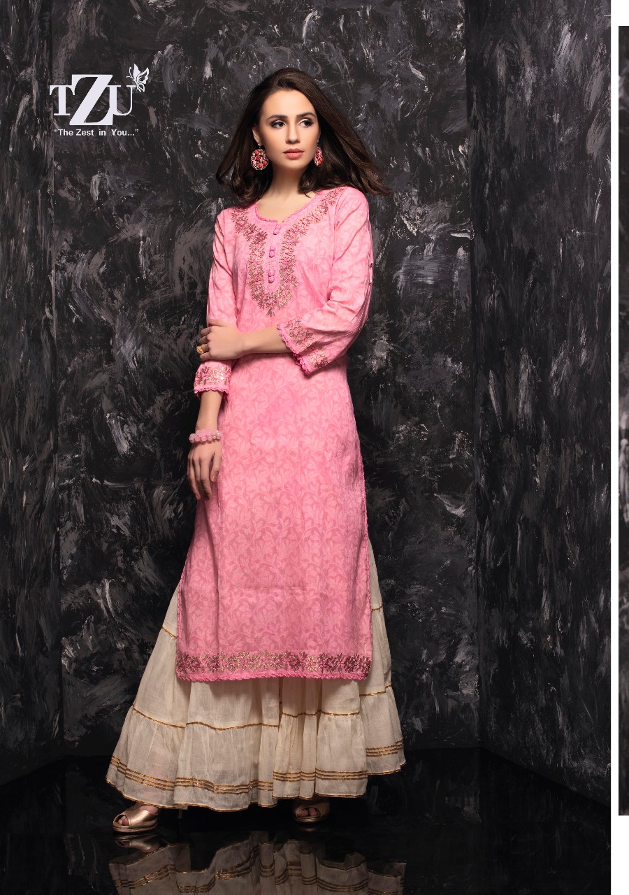 Tzu geetika moden and classy catchy look cotton Jacquard handwork Embroided Kurties with sharara