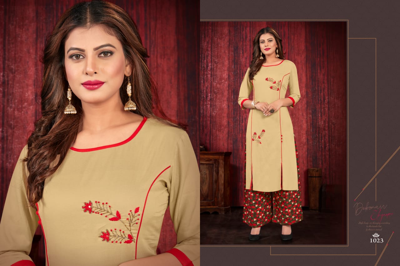 Vrunda Tex Rangoli attractive look rayon fabric with khatli work Kurties with plazzo