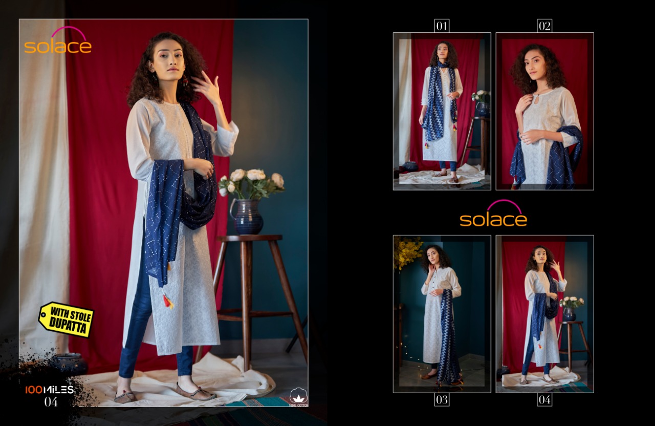 100 miles solace modern and classic Style pure cotton schiffli work Kurties with stole duppata