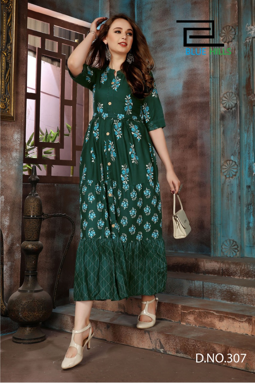 Blue hills bournville vol 2 modern And Stylish look party wear rayon with multi color foil print Kurties