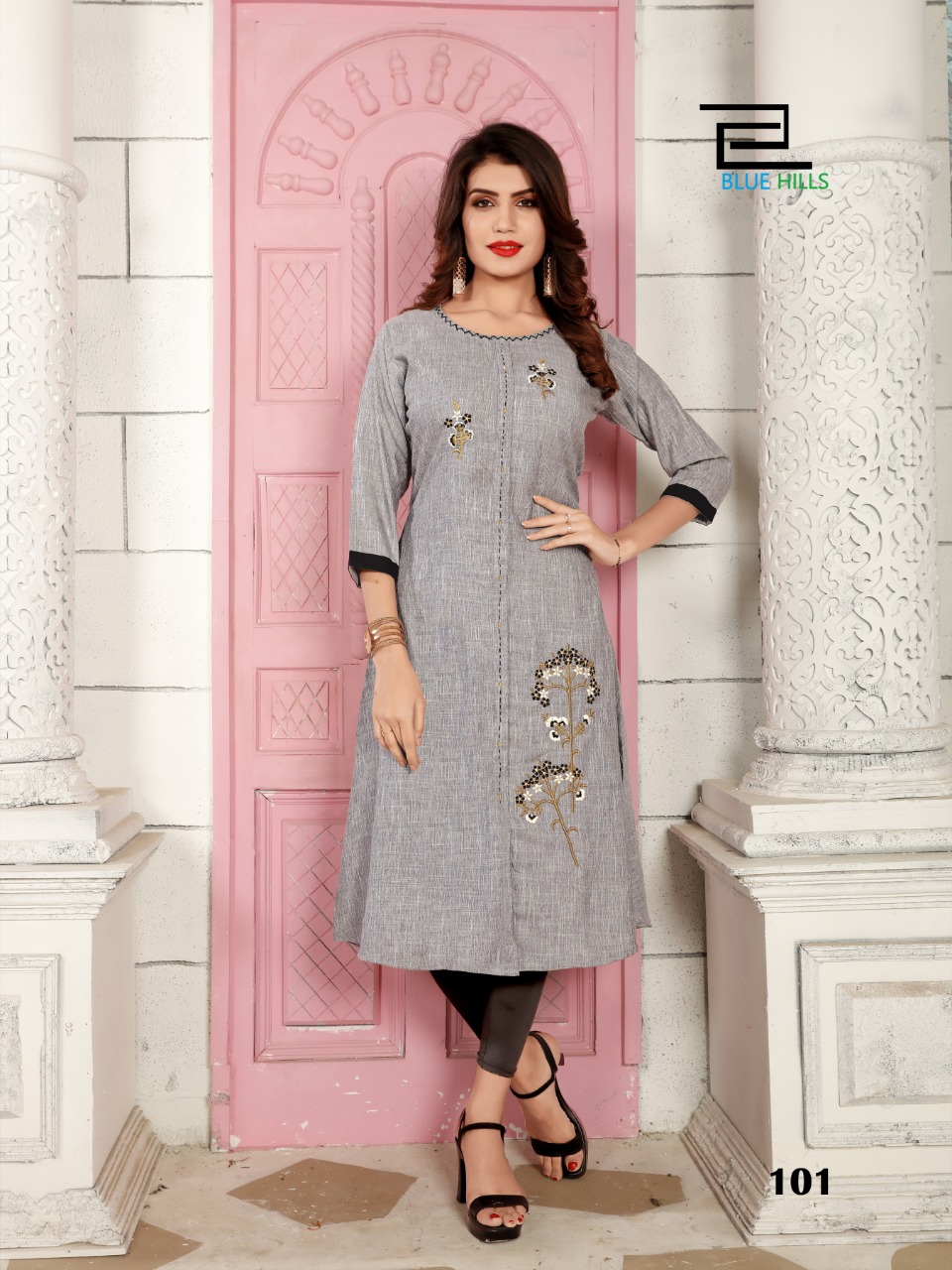 Blue hills faded rayon fabric Embroidered party wear Kurties