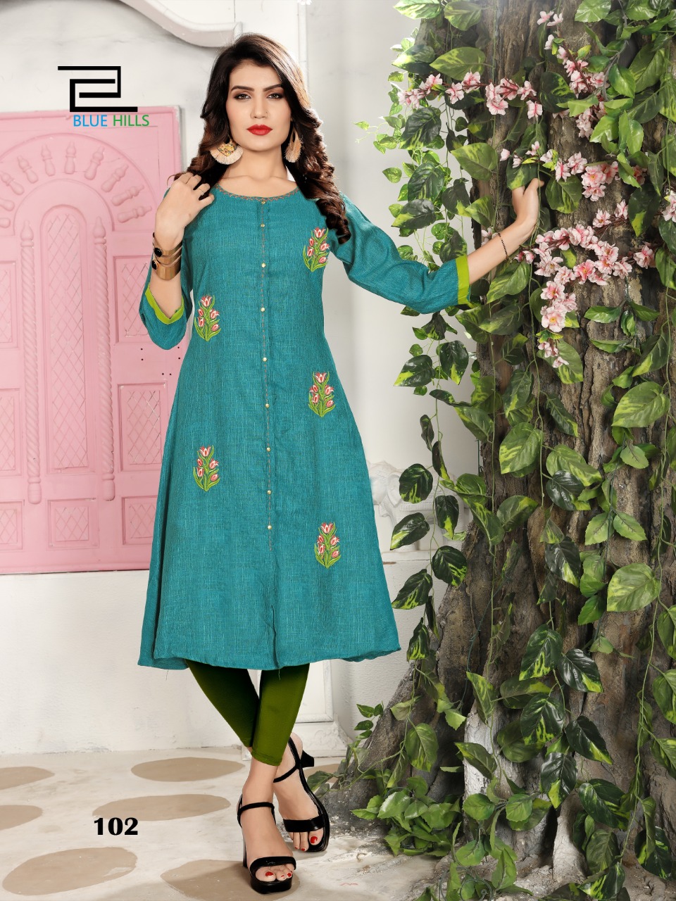Blue hills faded rayon fabric Embroidered party wear Kurties
