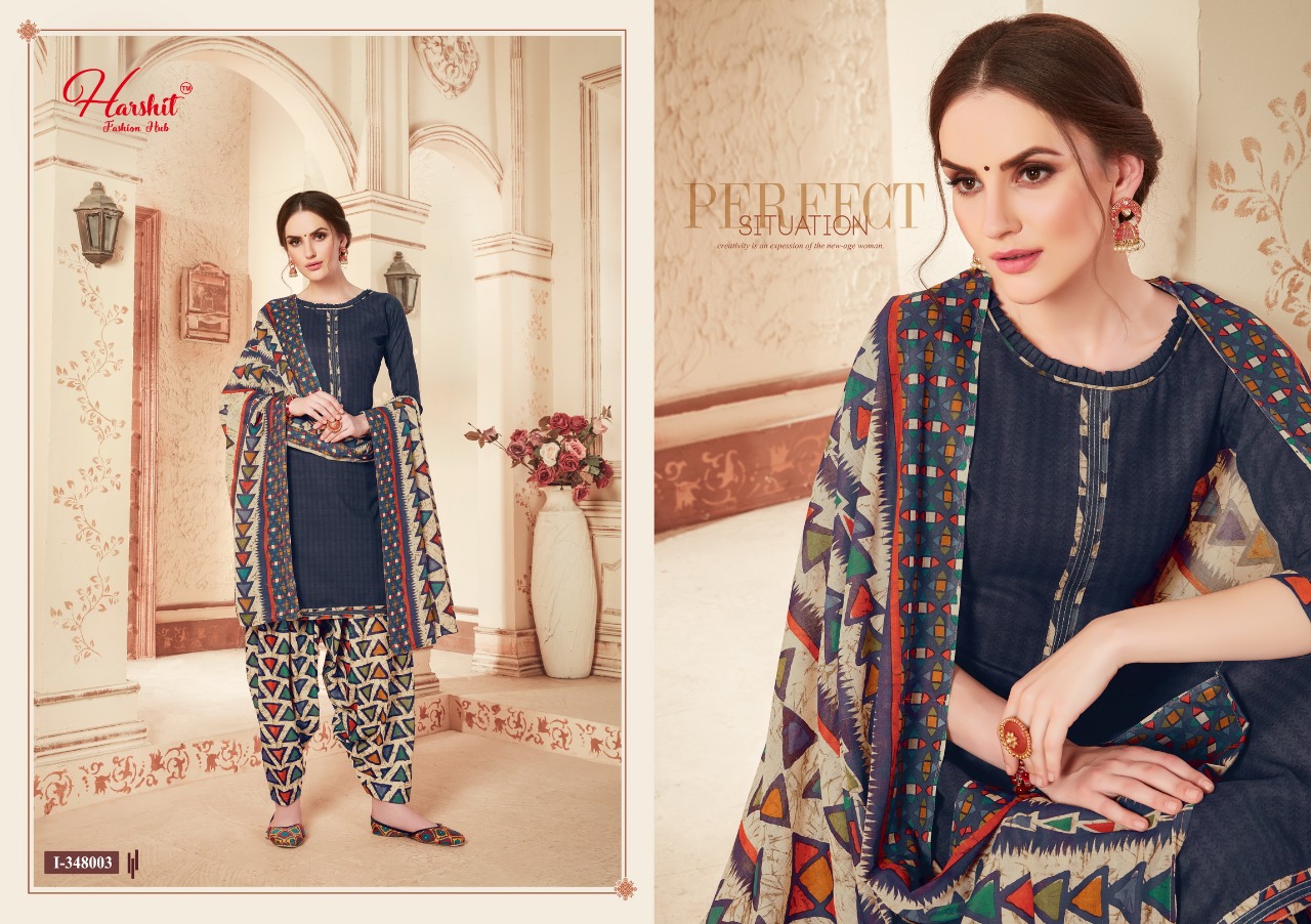 Harshit fashion patiyala queen cotton print with fancy stitching neck and lace Salwar suits
