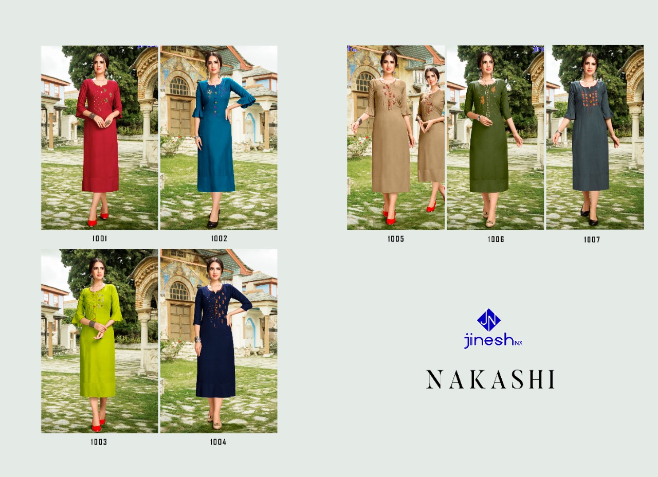 Jinesh Nx nakashi vol 1 modern Trendy fits rayon handwork Kurties