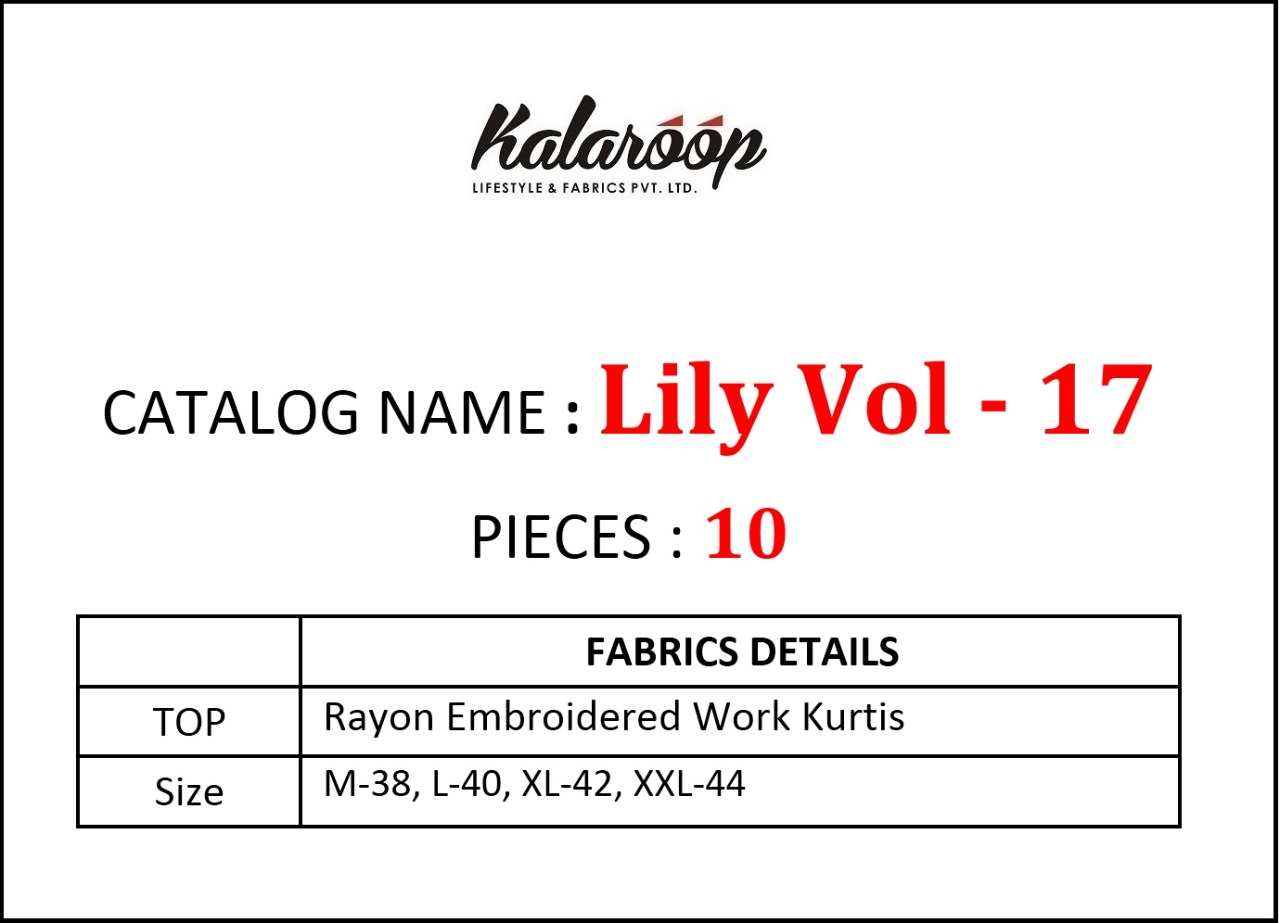Kajree Lily vol 17 attractive and Stylish classy look rayon Embroided work Kurties