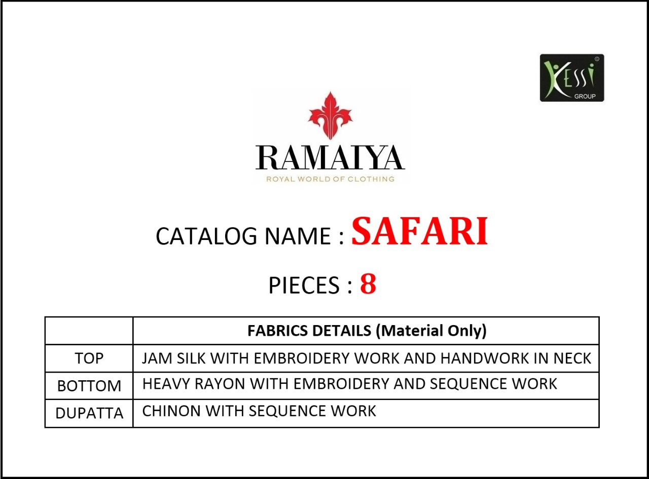 Ramaiya Safari stunning look jam Silk with handwork Embroided Salwar suits