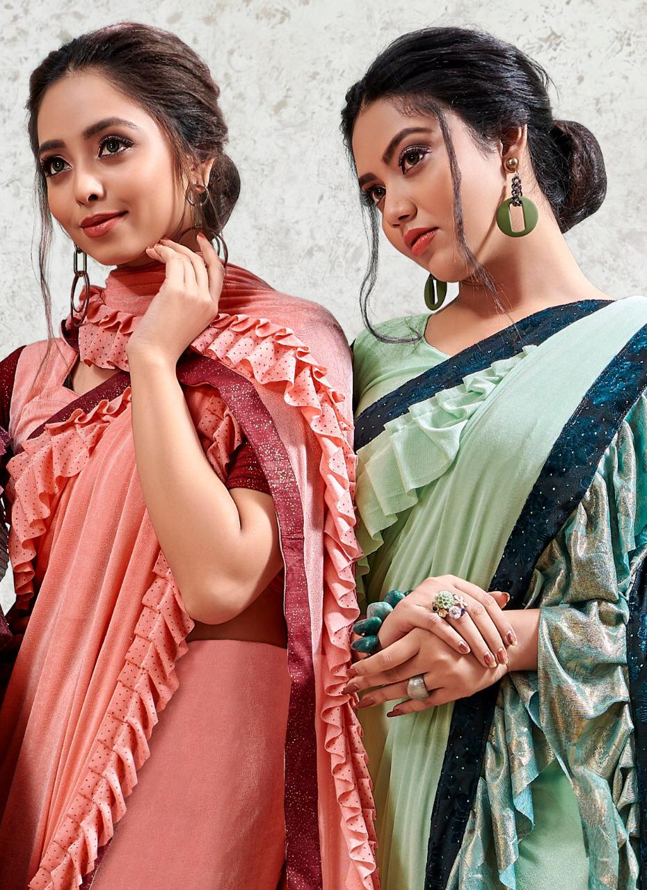 Saroj mirror look imported Lycra frill saree with Banglori silk blouse
