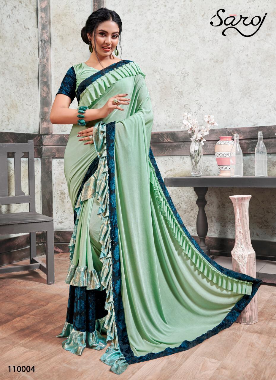 Saroj mirror look imported Lycra frill saree with Banglori silk blouse