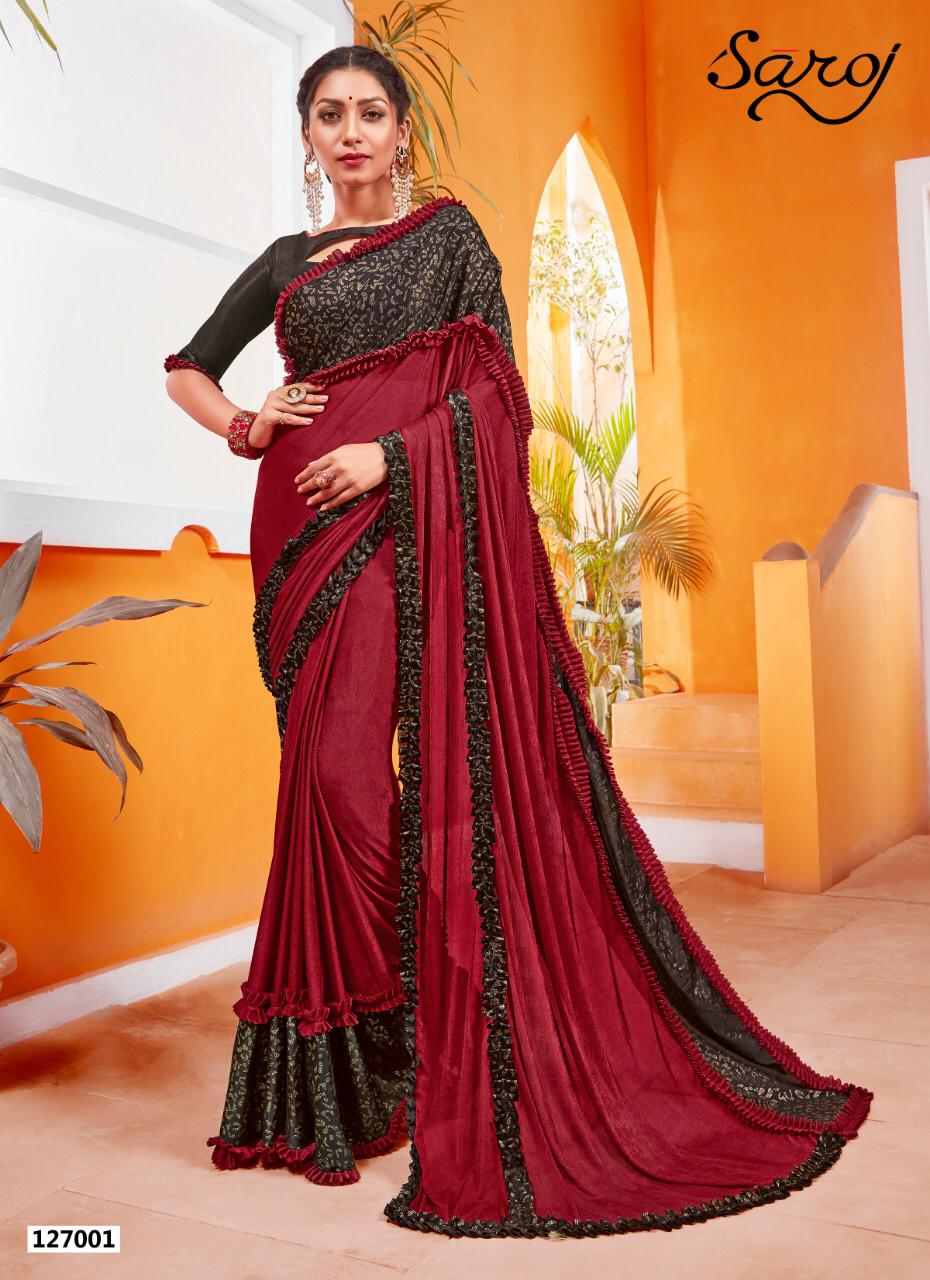 Saroj sandalwood vol 4 classic trendy look imported Lycra frill saree with Banglori silk blouse