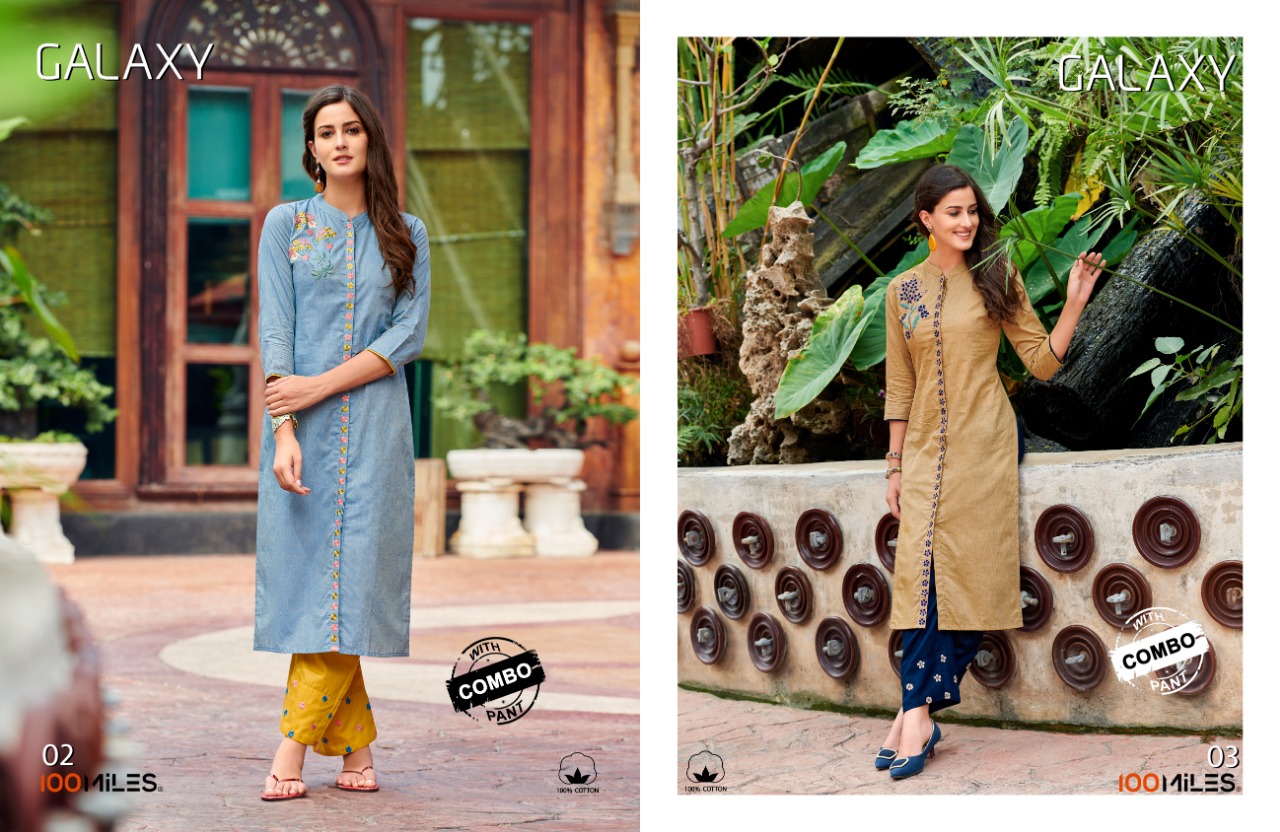 100 miles galaxy embroidered kurti with pants set at best price online