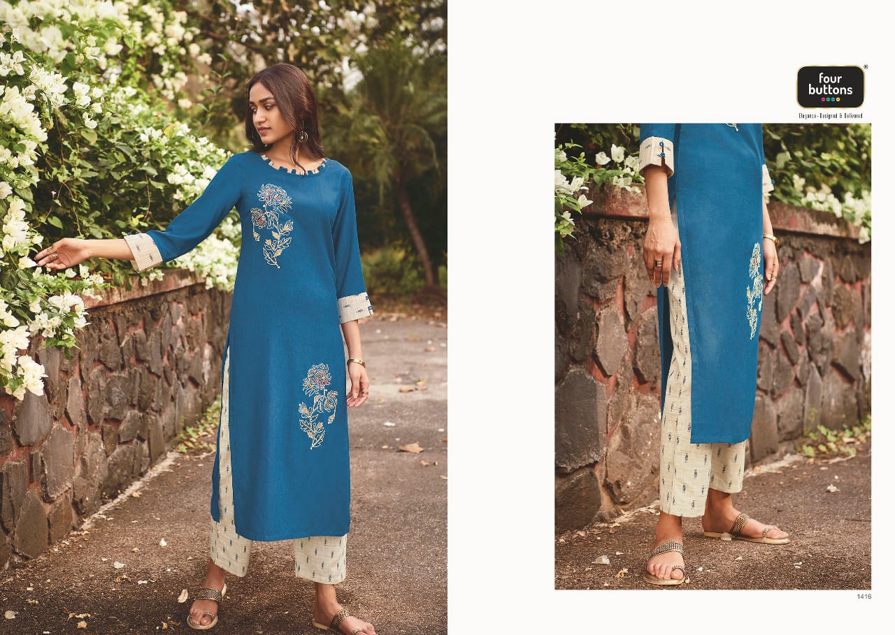 Four buttons iris beautiful kurties with bottom collection at wholesale price