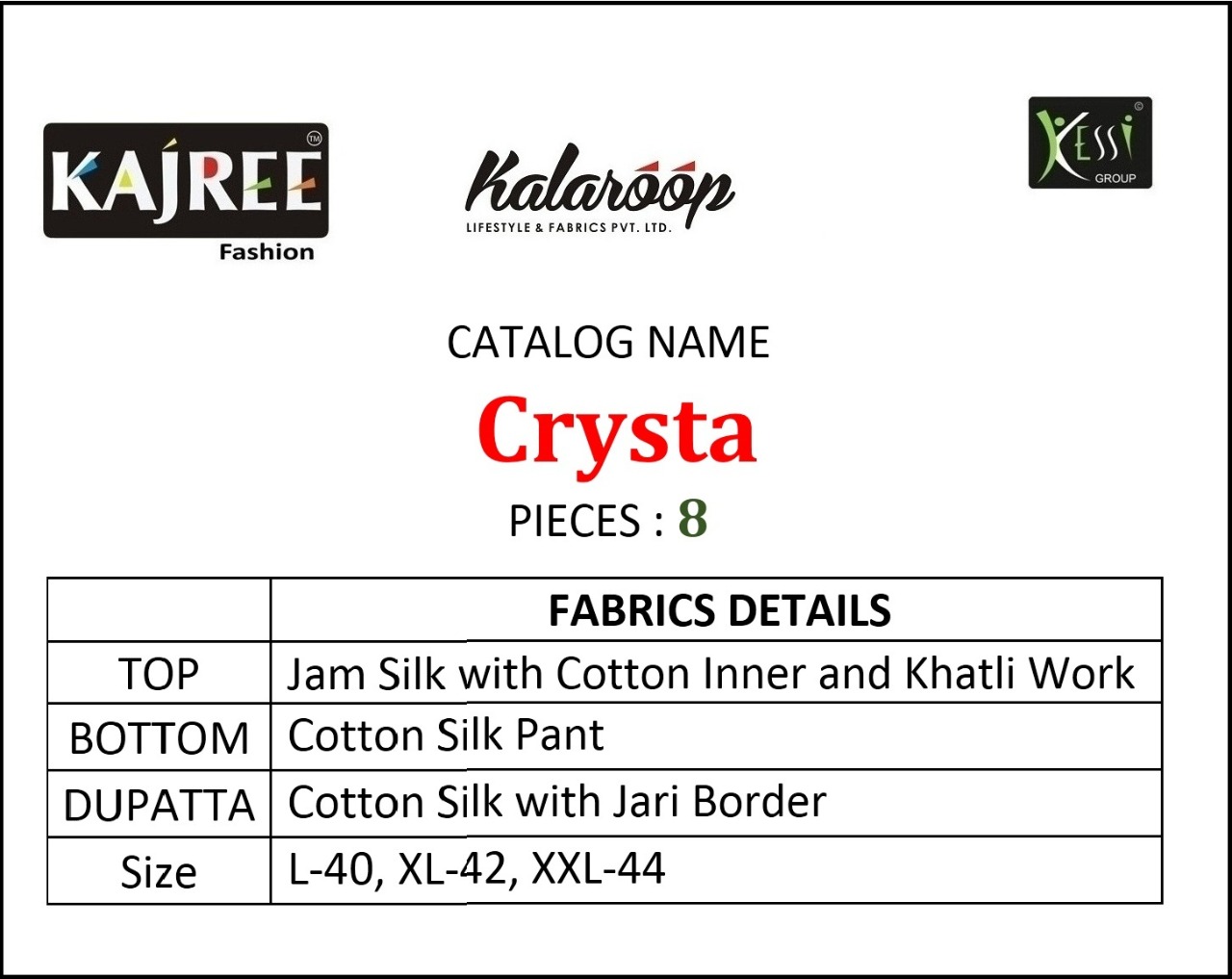 Kalaroop Crysta modern and Stylish jam silk with cotton inner and khatli work Kurties