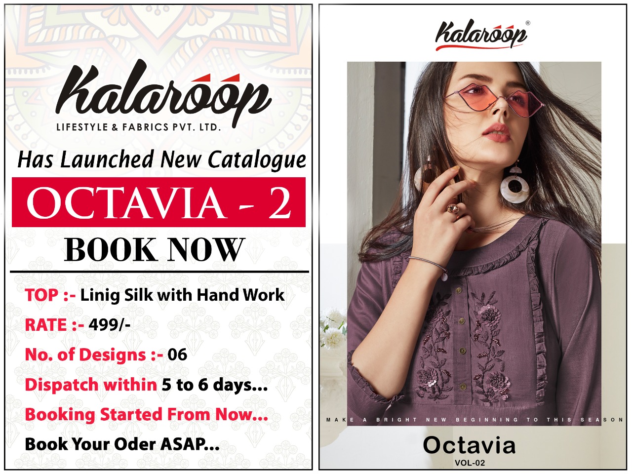 Kalaroop Octavia Vol 2  Lining Silk with Hand Work kurties catalog