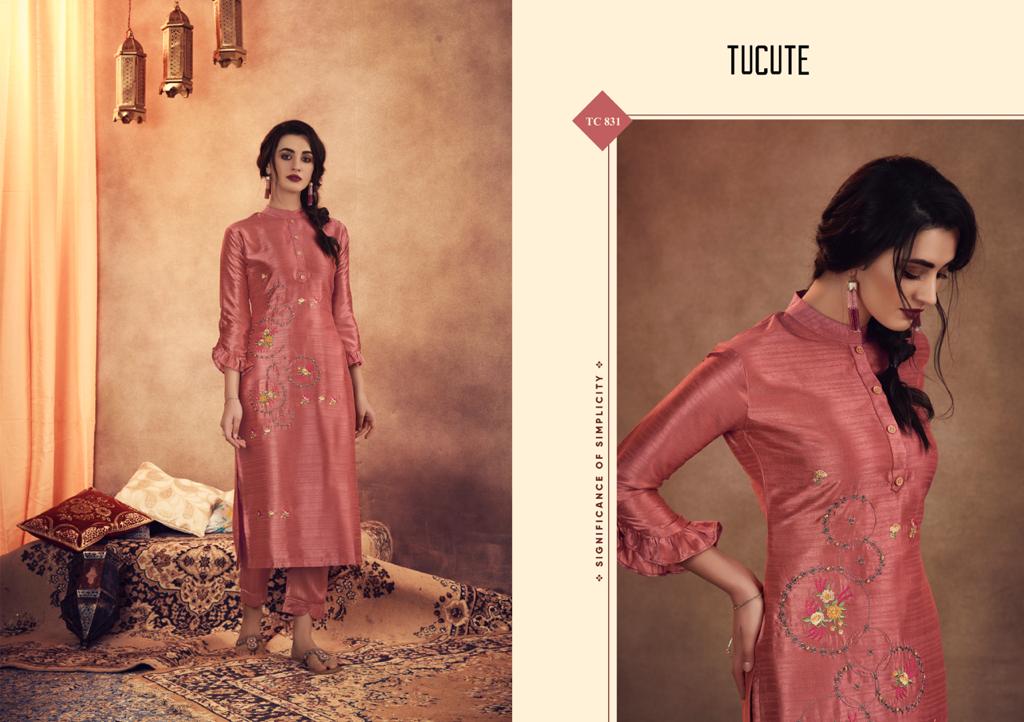karma trendz tucute elagant Style modern Trendy fits muga silk  with embroidery Kurties with bottom catalog