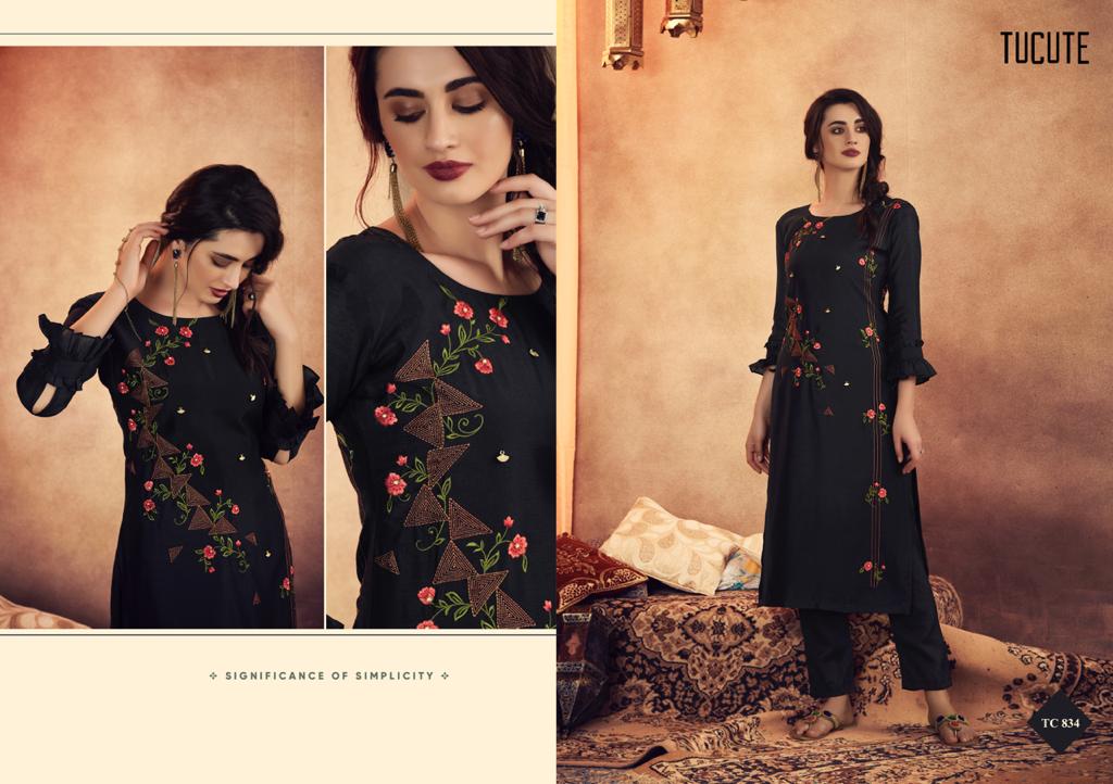 karma trendz tucute elagant Style modern Trendy fits muga silk  with embroidery Kurties with bottom catalog