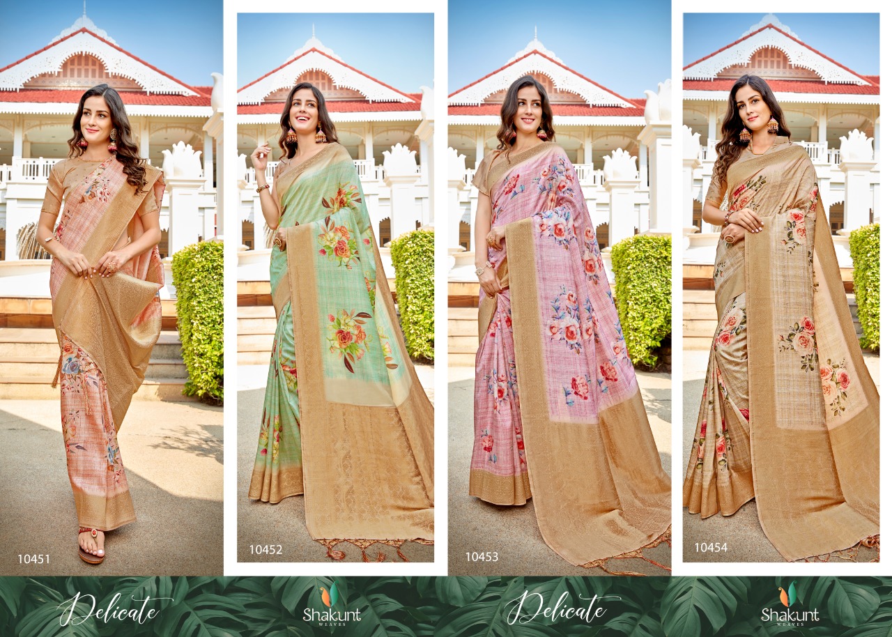 shakunt weaves delicate  silk digital print party wear saree catalog