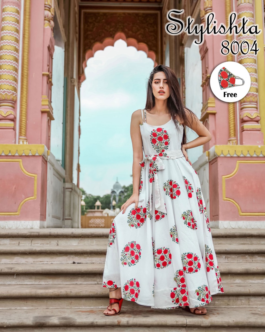 Stylishta 8001 series printed long designer Gowns with masks