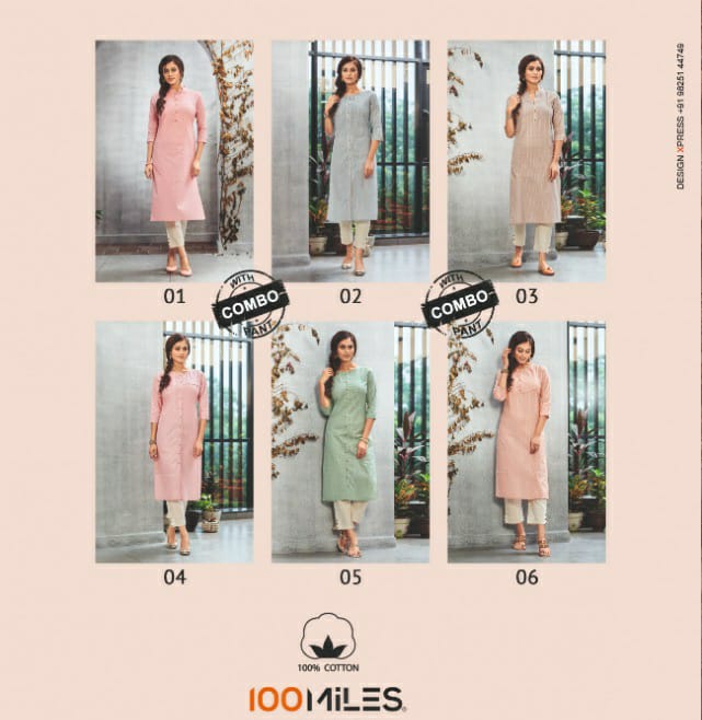 100 miles marina affordable price Pure cotton patterned Kurtis with combo pants catalog