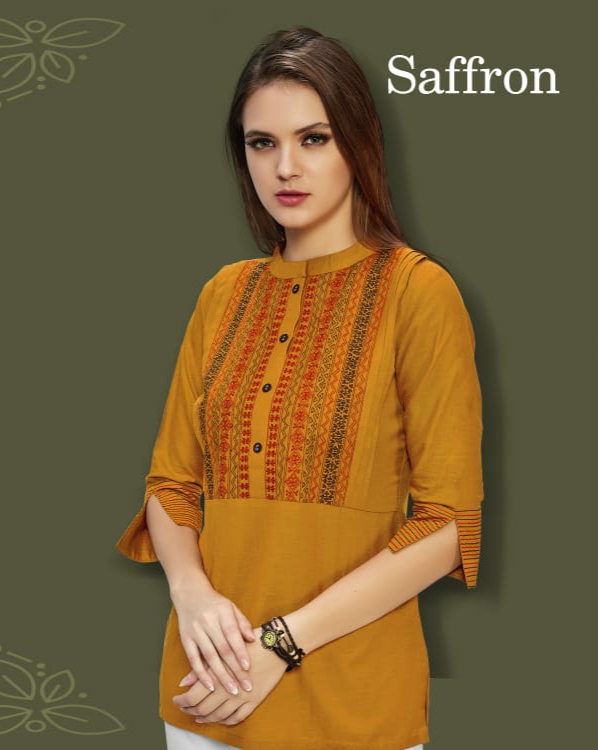 7 chanel saffron rayon attractive short top kurti catalog