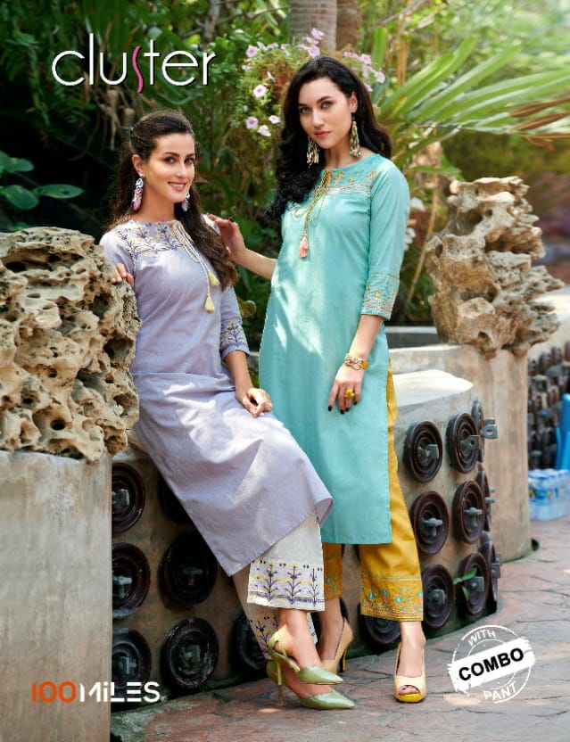100 miles cluster embroidered cotton kurties with plazzo collection