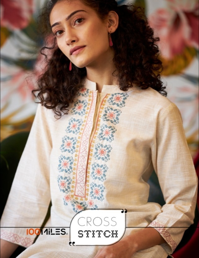 100 Miles cross stitch pure cotton embroidered casual wear kurties collection dealer
