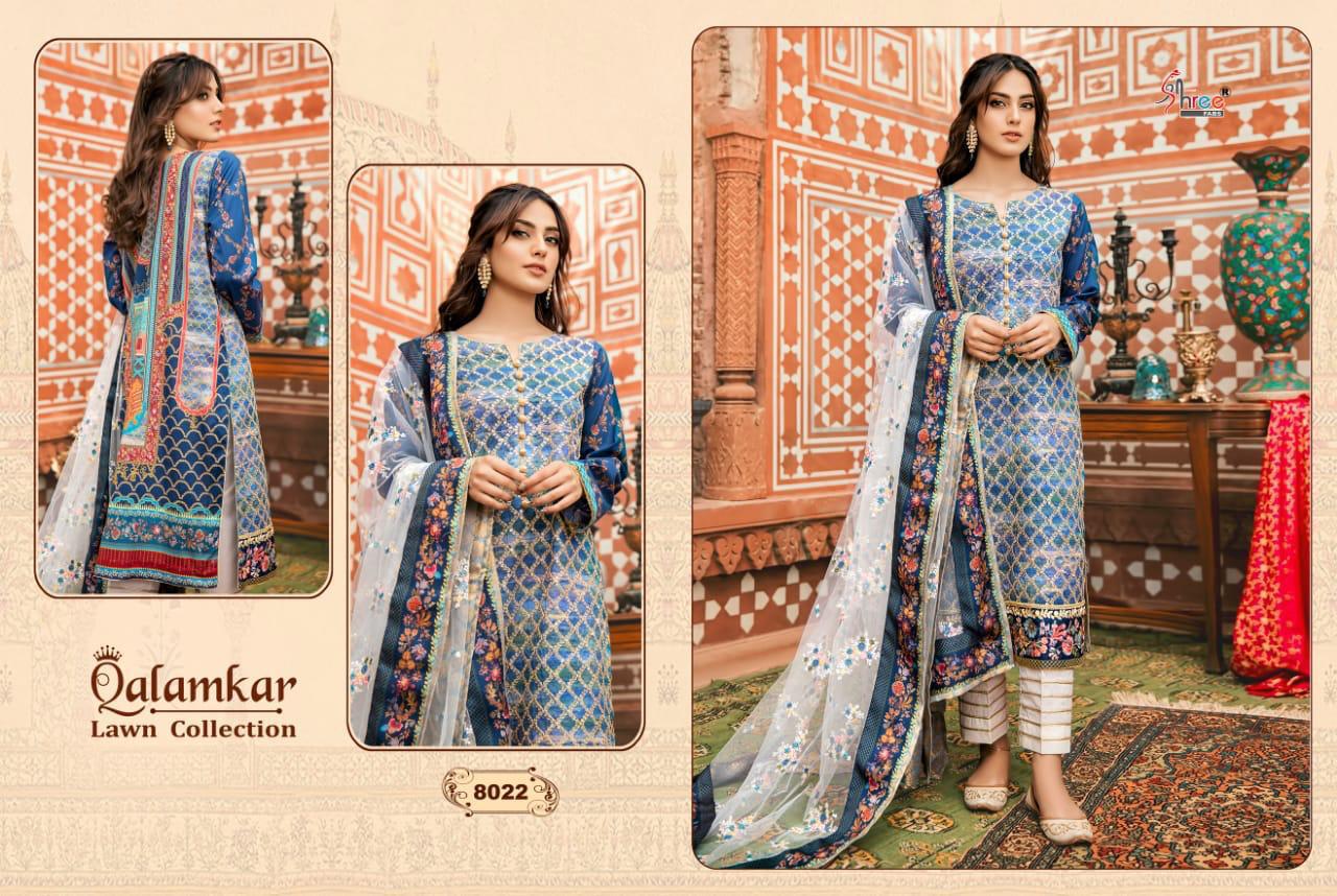 SHREE FABS Qalamkar lawn collection 8022 blue design Salwar Kameez Cotton Singles