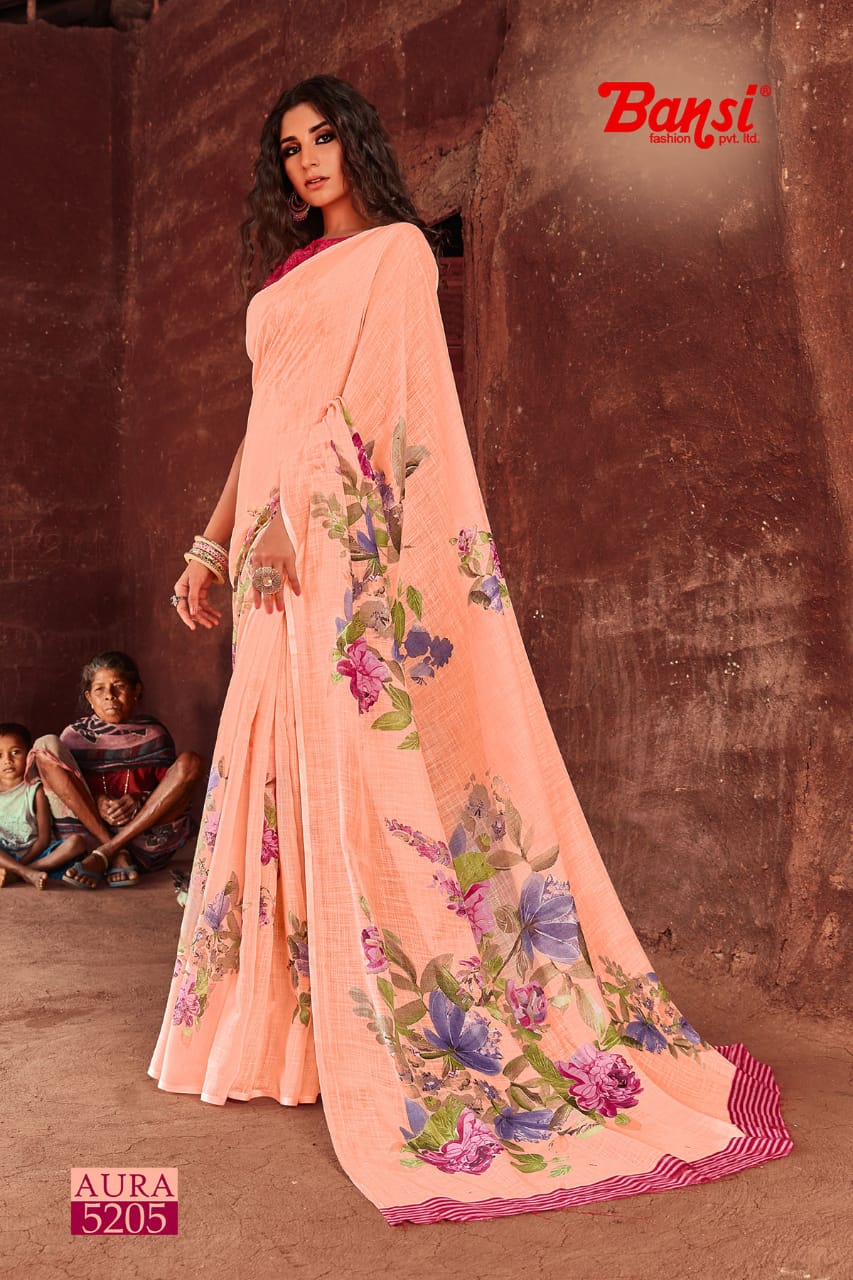 bansi aura linen plain exclusive print saree catalog