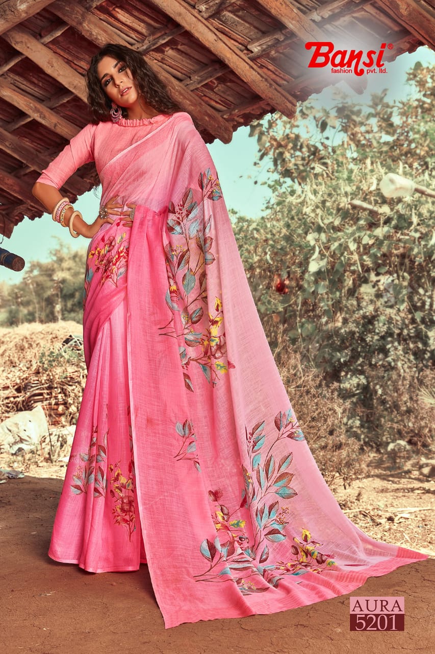 bansi aura linen plain exclusive print saree catalog