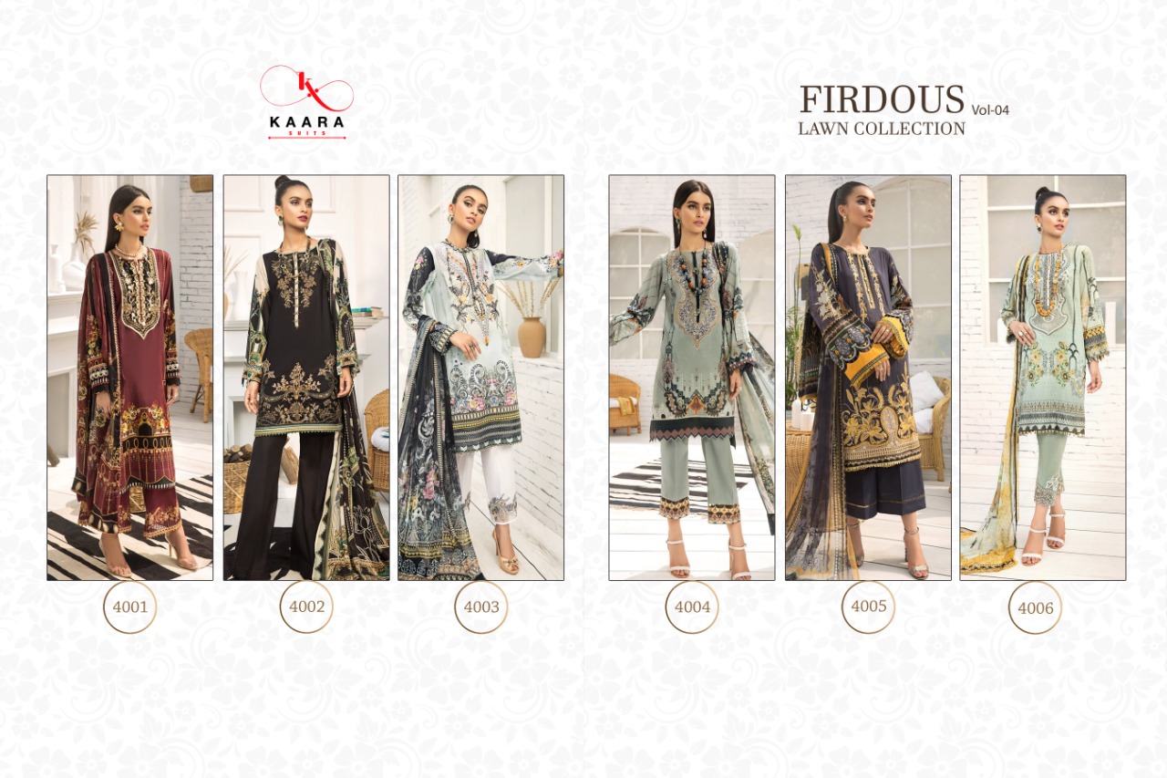 kaara suits Firdous Lawn Collection Vol 4 chiffon duptta affordable price Salwar suits catalog