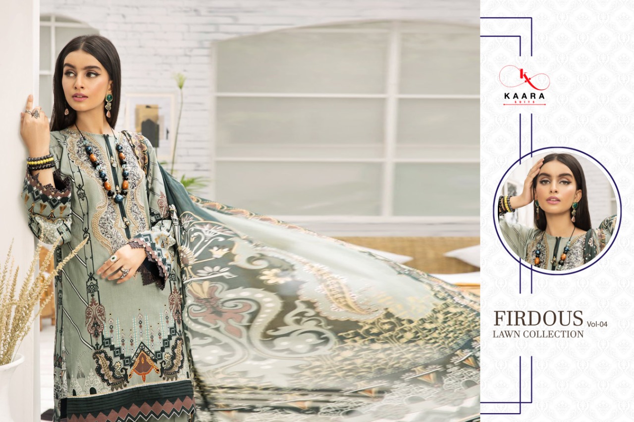 kaara suits Firdous Lawn Collection Vol 4 chiffon duptta affordable price Salwar suits catalog