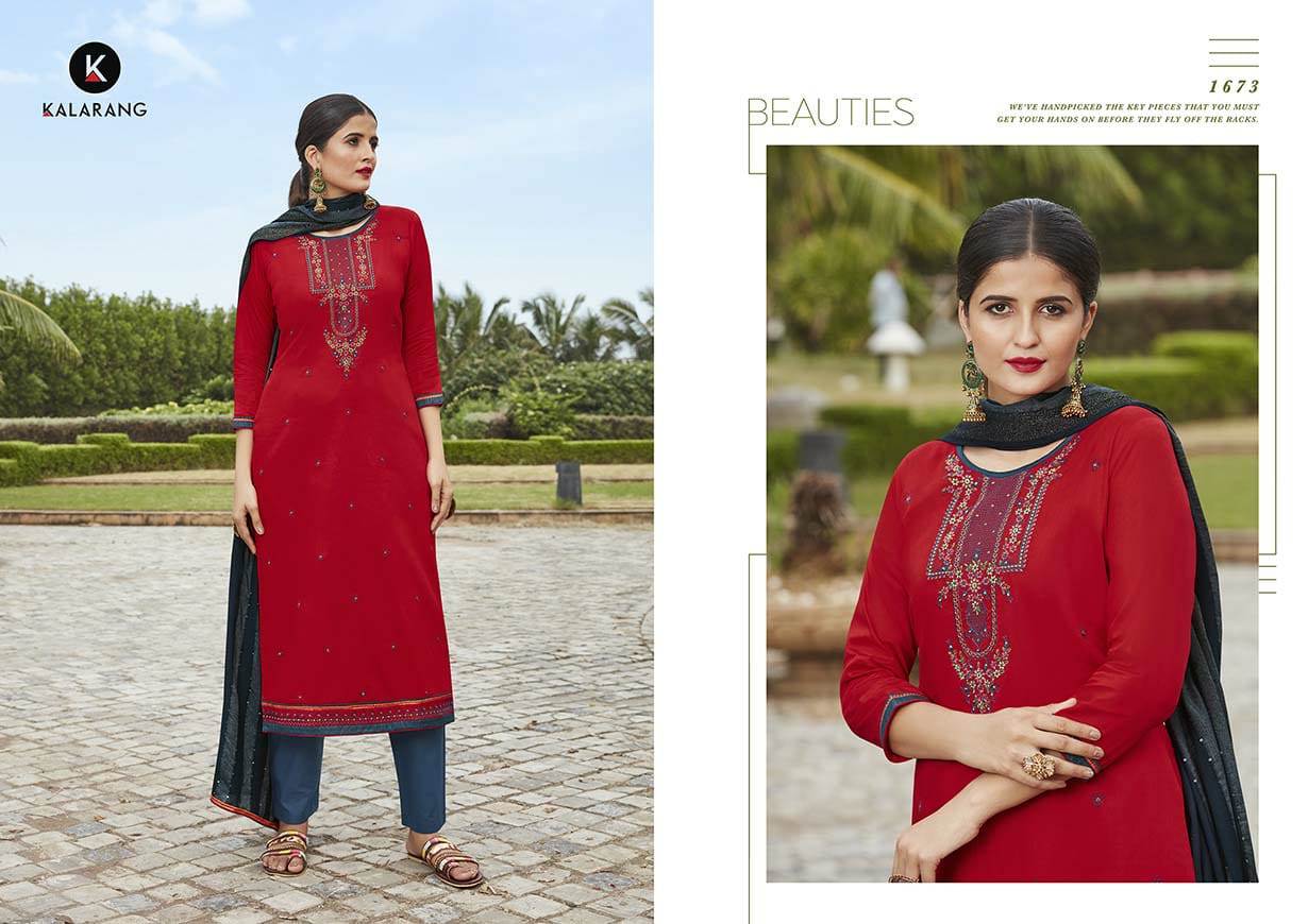 Kalarang saloni vol 2 attractive modern style jam Silk cotton with Embroidered Salwar suits catalog