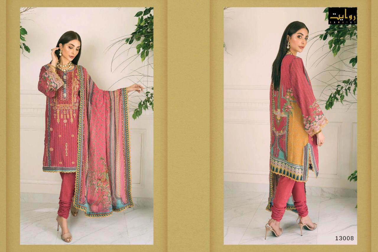 rawayat rangrasiya chiffon dupatta print with embroiderd satwar suit catalog