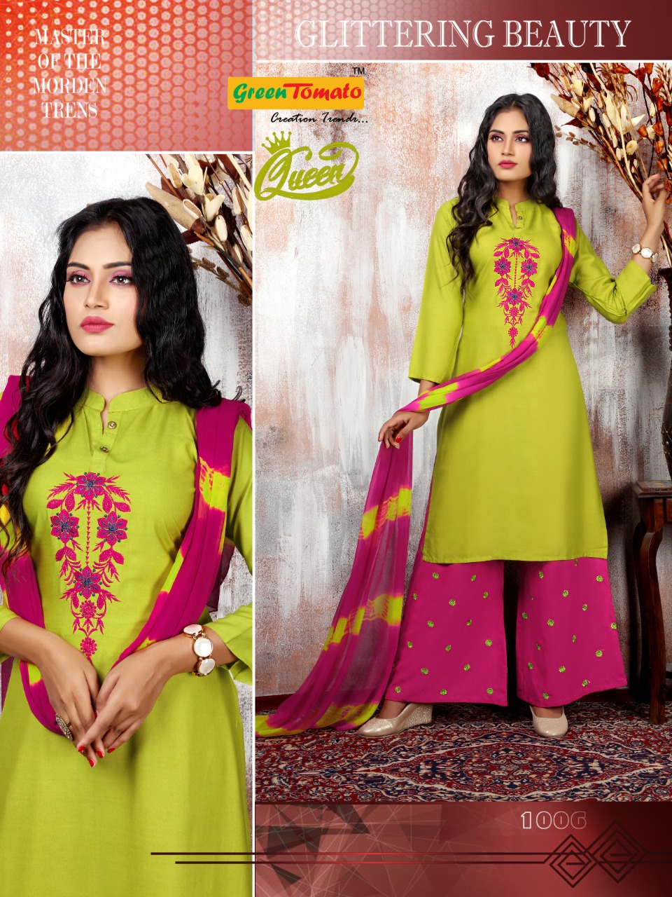the entnic studio  queen rayon decent embroidary look kurti with palazzo catalog